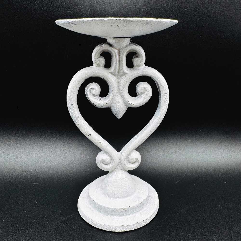 Vintage Cast Iron Pillar Candle Holder White Scroll Heart Heavy Pedestal Stand